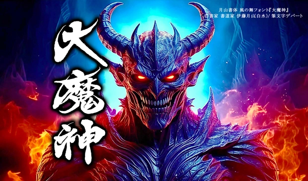 筆文字デザイン「大魔神」。カッコ良く力強さと勢いのあるこの風の舞フォントは、大魔神など異世界キャラクターが登場するゲームにもマッチします。