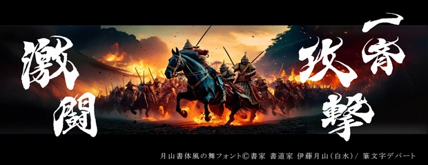 戦国時代の熱き男達が繰り広げる激しいバトル。力強く躍動感溢れる風の舞フォントの毛筆書体「一斉攻撃」「激闘」の文字がゲームの世界観を演出しています。